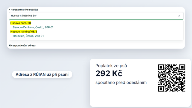 Našeptávání adresy z&nbsp;RÚIAN a&nbsp;poplatek spočítaný před odesláním