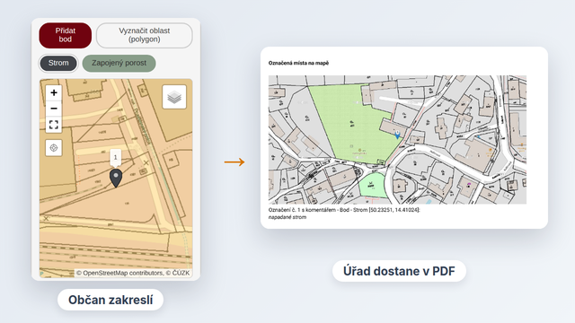 Zákres stromu v&nbsp;mapě a&nbsp;stejné místo v&nbsp;PDF podání