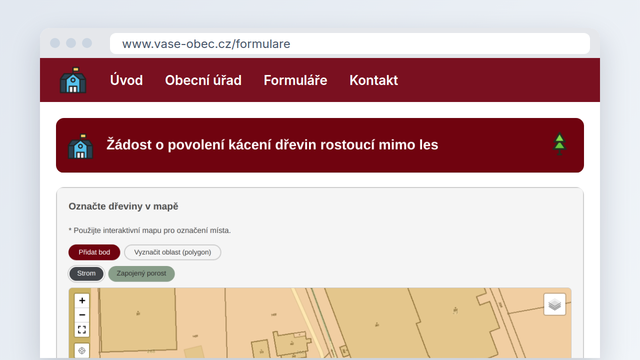 Formulář na webu obce ve vzhledu obce