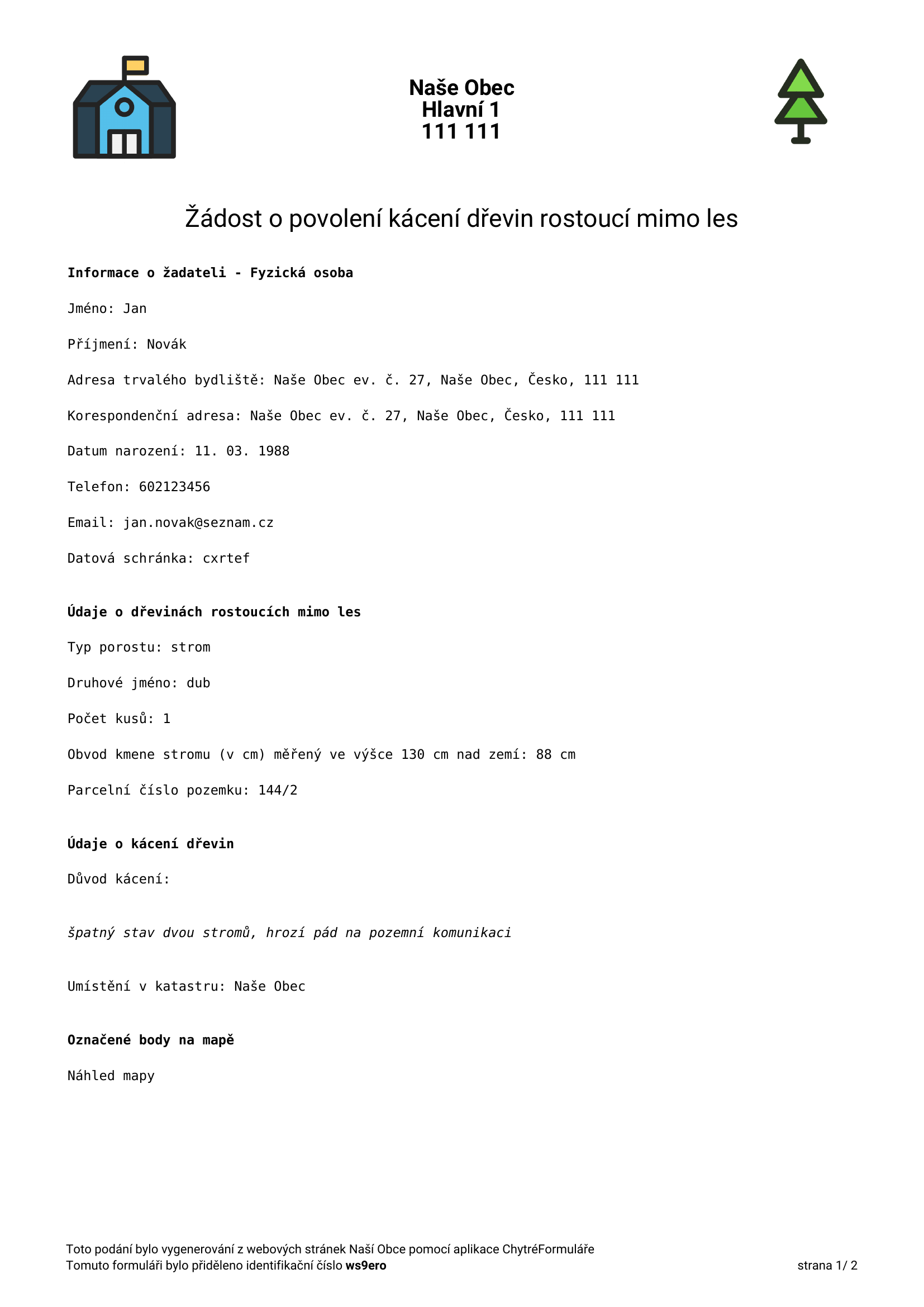 Strana 1 — vyplněný formulář žádosti o kácení dřevin