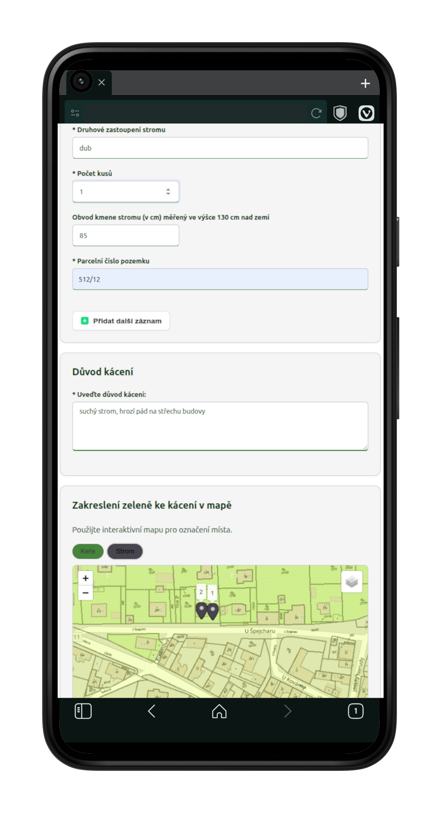 Ukázka formuláře s mapovým zákreslením na mobilním telefonu