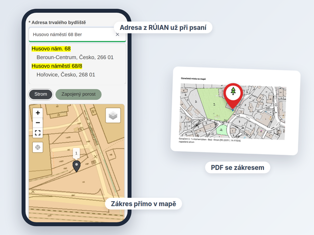 Formulář v&nbsp;telefonu s&nbsp;našeptávanou adresou a&nbsp;stromem zakresleným v&nbsp;mapě, vedle PDF podání se zákresem