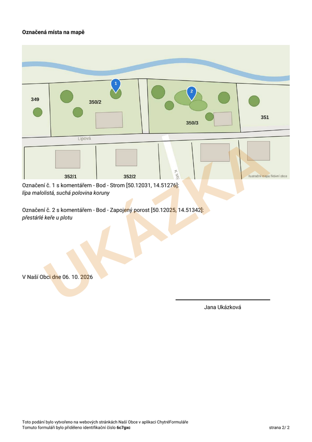 Druhá strana podání: zákres stromu a keřů v&nbsp;mapě s&nbsp;komentáři a&nbsp;souřadnicemi