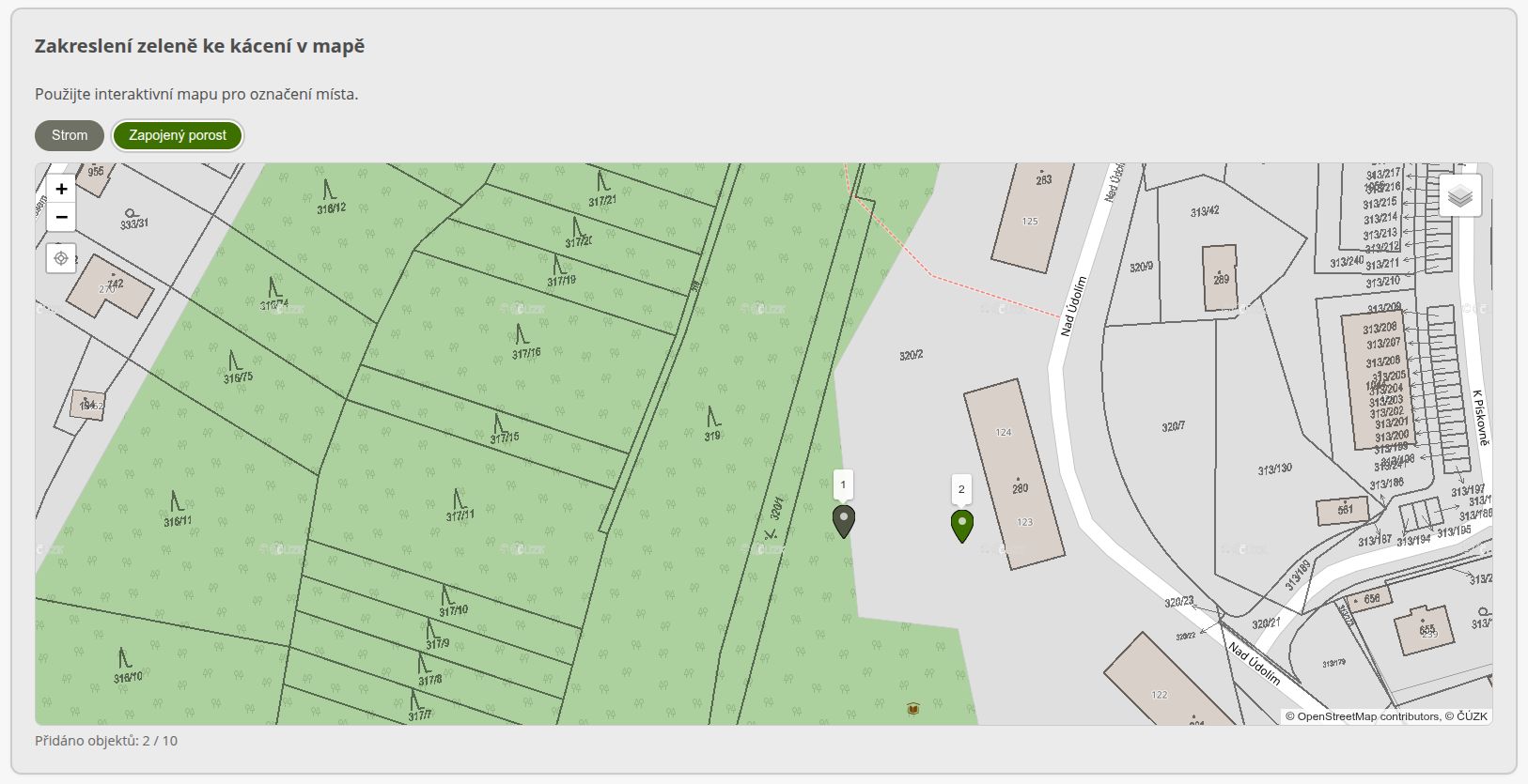 Pohled občana: interaktivní mapa pro zakreslení stromů a porostů ke kácení
