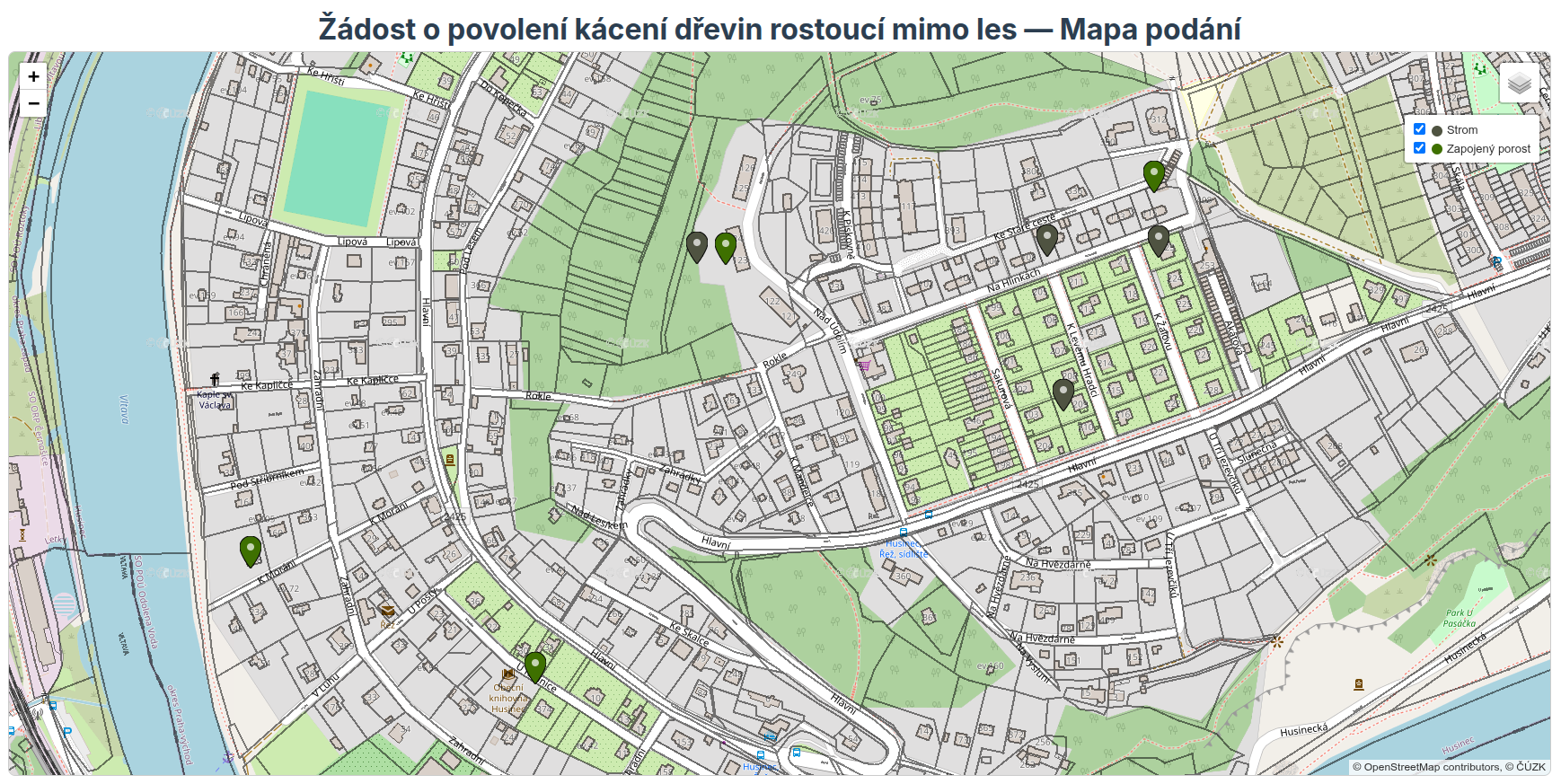 Pohled úředníka: mapa všech žádostí o kácení s filtrem podle kategorie strom / zapojený porost